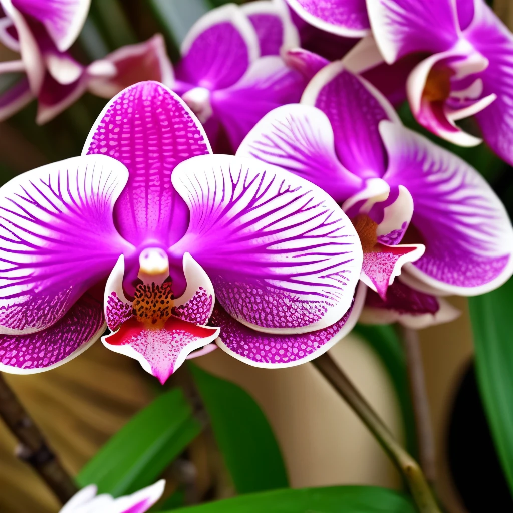 Vibrant black orchids with striking polka-dot patterns and vivid purple, orange, and yellow centers, beautifully captured in an outdoor setting with lush green leaves in the blurred background. The natural lighting accentuates the intricate details and rich colors of the flowers, creating a captivating and exotic atmosphere. The shallow depth of field highlights the orchids, making them the focal point of this stunning photograph.