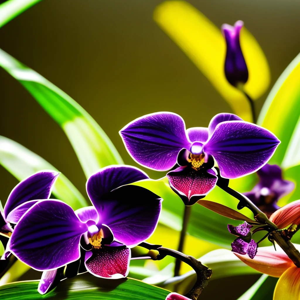 Vibrant black orchids with striking polka-dot patterns and vivid purple, orange, and yellow centers, beautifully captured in an outdoor setting with lush green leaves in the blurred background. The natural lighting accentuates the intricate details and rich colors of the flowers, creating a captivating and exotic atmosphere. The shallow depth of field highlights the orchids, making them the focal point of this stunning photograph.