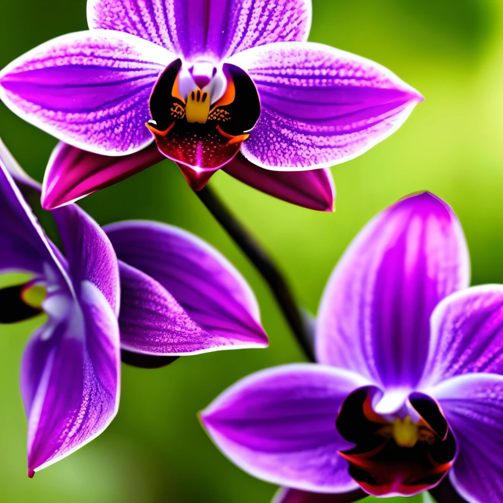 Vibrant black orchids with striking polka-dot patterns and vivid purple, orange, and yellow centers, beautifully captured in an outdoor setting with lush green leaves in the blurred background. The natural lighting accentuates the intricate details and rich colors of the flowers, creating a captivating and exotic atmosphere. The shallow depth of field highlights the orchids, making them the focal point of this stunning photograph.