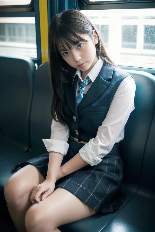 Japanese 1 female,Cosplay Japanese Schoolgirl Uniform,sitting in a train seat,(Focus on her crotch:1.1),Between her clothes,Under her skirt,Ultra low angle,Knees together,She is looking down,She doesn&#39;t notice me,Twin tails, Hime cut, Low ponytail, 