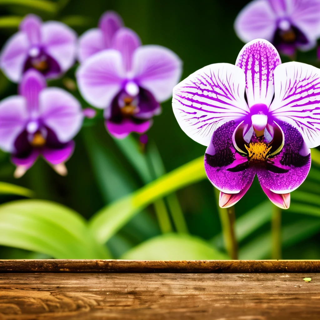 Vibrant black orchids with striking polka-dot patterns and vivid purple, orange, and yellow centers, beautifully captured in an outdoor setting with lush green leaves in the blurred background. The natural lighting accentuates the intricate details and rich colors of the flowers, creating a captivating and exotic atmosphere. The shallow depth of field highlights the orchids, making them the focal point of this stunning photograph.