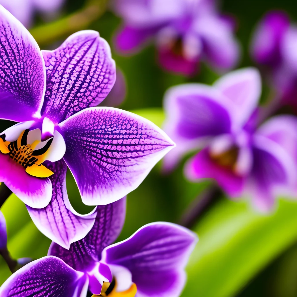 Vibrant black orchids with striking polka-dot patterns and vivid purple, orange, and yellow centers, beautifully captured in an outdoor setting with lush green leaves in the blurred background. The natural lighting accentuates the intricate details and rich colors of the flowers, creating a captivating and exotic atmosphere. The shallow depth of field highlights the orchids, making them the focal point of this stunning photograph.