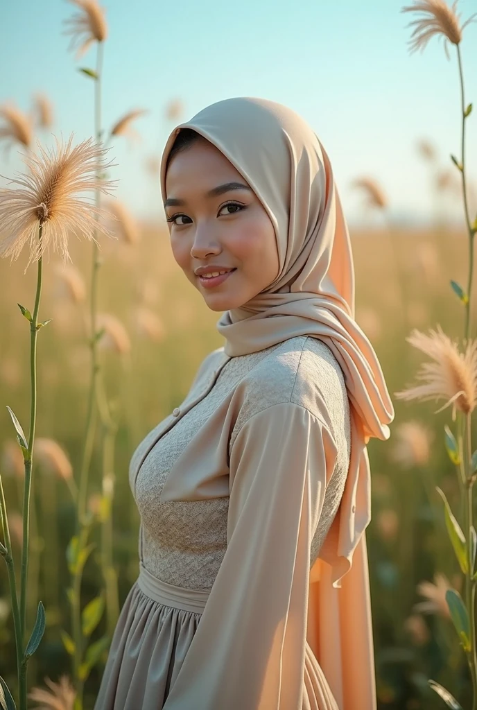 ( Close Up),RAW, Best quality, high resolution, works: 1.3), Beautiful Malay woman in hijab, Masterpiece, fit body, big breasts, beautiful big eyes, Soft smile, beautiful face, woman sitting at a table in a green meadow, traditional beauty, moment sunset, in the field, in the countryside, beautiful woman, with the sunset, wearing a soft long dress,muslim, on a wooden table, hijab, beautiful woman, with a beautiful appearance, a very beautiful masterpiece, a masterpiece of art, good lighting, Bright colors, Clean lines, chubby body, wide chubby hips, chubby arm, chubby massive thighs , massive cleavage , massive armpits , white armpits , armpit hair , extra cleavage
