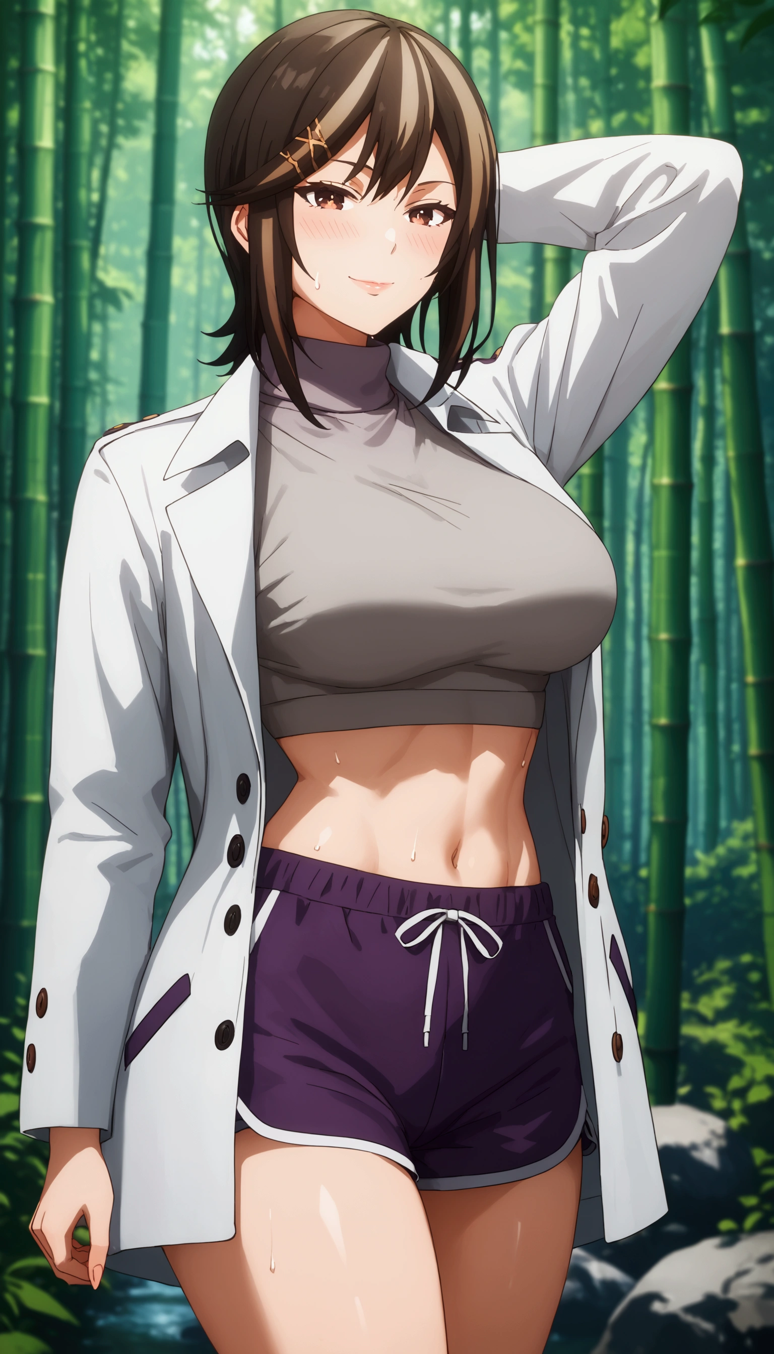 score_9, score_8_up, score_7_up, score_6_up, agatha harmon, short hair, brown hair, black hair, hair ornament, brown eyes, streaked hair, hairclip, BREAK Anime Style, Manga Style, Hand drawn, cinematic, Sharp focus, humorous illustration, big depth of field, Masterpiece, concept art, trending on artstation, Vivid colors, Simplified style, trending on ArtStation, trending on CGSociety, Intricate, Vibrant colors, Soft Shading, Simplistic Features, Sharp Angles, Playful, excessive sweating, sweating profusely, sweating drop BREAK, large breasts, shoes, dolphin shorts, sneakers, purple shorts, short shorts, coat, open coat, midriff peek, thighs, turtleneck, long coat, white coat, sweater, long sleeves, white sweater, nature, forest, bamboo forest, bokeh, spotlight, seductive smile, blush, lips, standing, arm behind head,