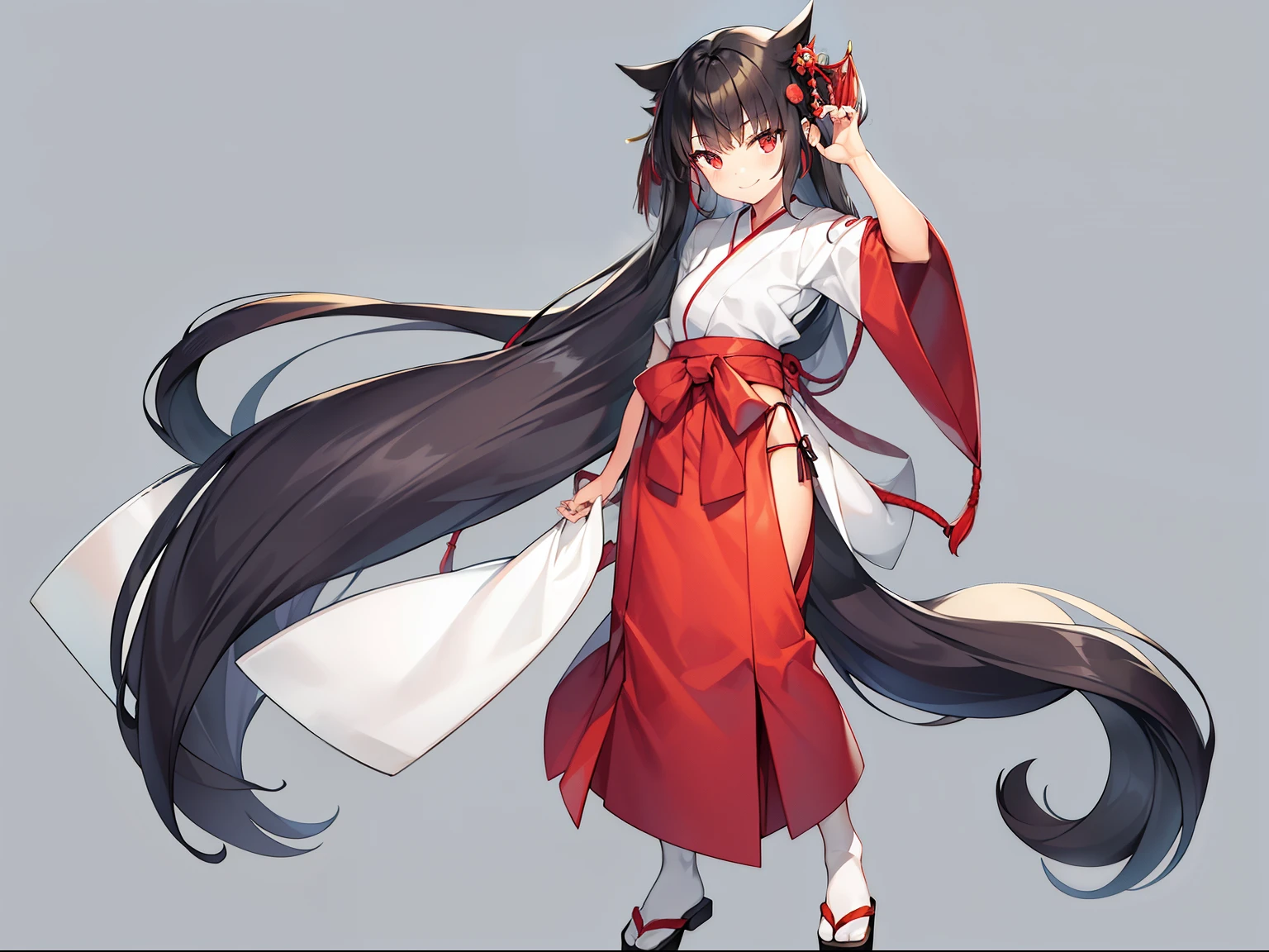 (grey background),(full body),girl,small breasts,black hair,long hair,standing,smile,wearing japanese white clothes,red hakama, old,