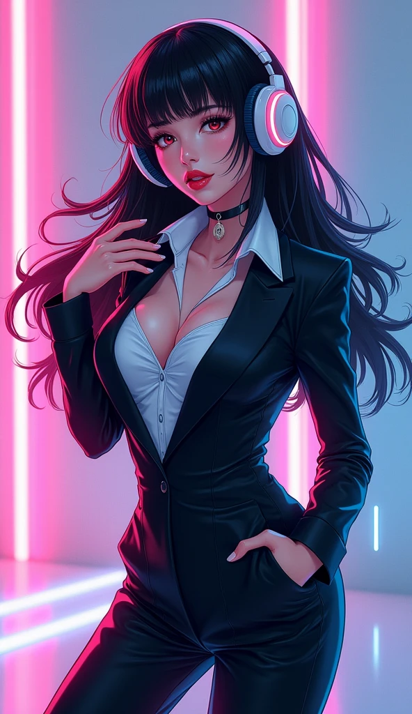 Mulher sexy, roupa branca, decote, headset, jogando em um computador, quarto, peitos grandes, orelha de gatinho, goth makeup
