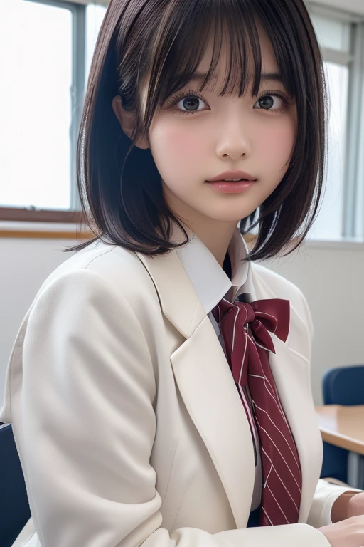 ((masterpiece, Highest quality, High resolution)), Japanese girl、(Realistic: 1.4), Kissing Face、close your eyes、With lips pursed、Great face,Glossy Lips、, short hair、(Beautiful Hair:1.5), Japanese High School Uniform、(White blazer、White jacket)、(White dress shirt)、(Red tie)、(Very short pleated skirt、The ultimate short pleated skirt)、School classroom(classroom:1.5)、Front angle、Smooth, Highly detailed CG composite 8K wallpaper, High resolution RAW color photos, Professional photography, Light, BackLight, dream-like, impressive, Written boundary depth, (Face close-up:1.5)