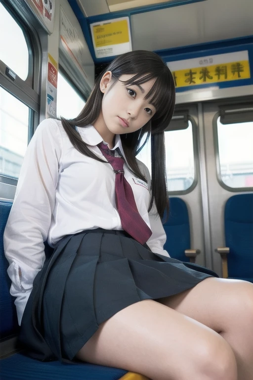 Japanese 1 female,Cosplay Japanese Schoolgirl Uniform,sitting in a train seat,(Focus on her crotch:1.1),Between her clothes,Under her skirt,Ultra low angle,Knees together,She is looking down,She doesn&#39;t notice me,Twin tails, Hime cut, Low ponytail, Pompadour, Barrette, 