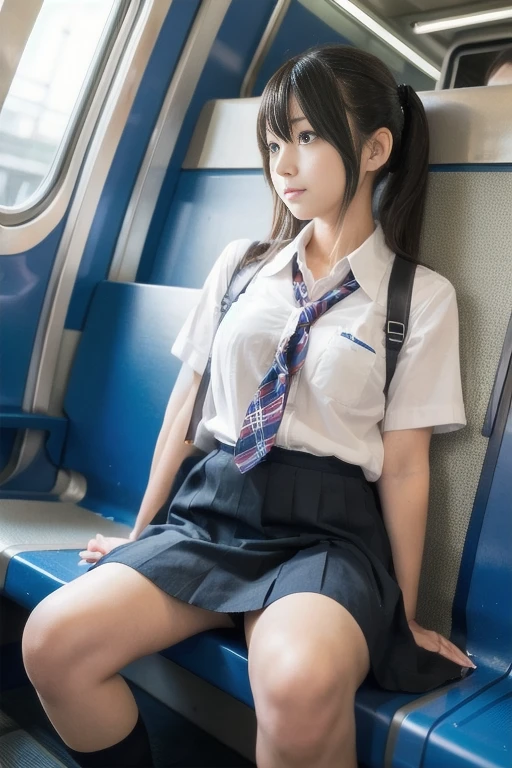 Japanese 1 female,Cosplay Japanese Schoolgirl Uniform,sitting in a train seat,(Focus on her crotch:1.1),Between her clothes,Under her skirt,Ultra low angle,Knees together,She is looking down,She doesn&#39;t notice me,Twin tails, Hime cut, Low ponytail, Pompadour, Barrette, 