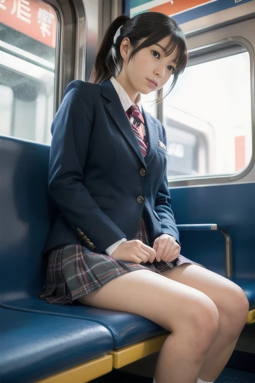 Japanese 1 female,Cosplay Japanese Schoolgirl Uniform,sitting in a train seat,(Focus on her crotch:1.1),Between her clothes,Under her skirt,Ultra low angle,Knees together,She is looking down,She doesn&#39;t notice me,Twin tails, Hime cut, Low ponytail, Pompadour, Barrette, 