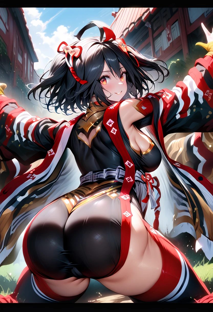 ((((((Show your butt to your audience))))))、((((((Rear View))))))、((((Kitasan Black))))、(Uma Musume),(Super huge giant chest),(blue sky)、(Turf)、(((Red and black tight clothing)))、(Squat)、(smile)、{{{Browsing Caution}}}、{{{masterpiece}}}, {{{Highest quality}}}, {{ultra-detailed}}, {{shape}}, {{{Very delicate and beautiful}}},{{extremely detailed CG}}、{{unity 8k portrait}}、{{Fabric Shading}}、{{super detailed skin}}、{{Perfect Anatomy}}、{{detailed}}、{{Dynamic Lighting}}、{{{beautiful detailed eyes}}}、{{{beautiful detailed Face}}}、{{{Realistic, RAW Photos}}}、(Perfect Face)、(非常にdetailedな顔)、(Perfect Eyes)、(highlight)、(Perfect Legs)、(Perfect breasts)、(Perfect pose)、(Perfect body)