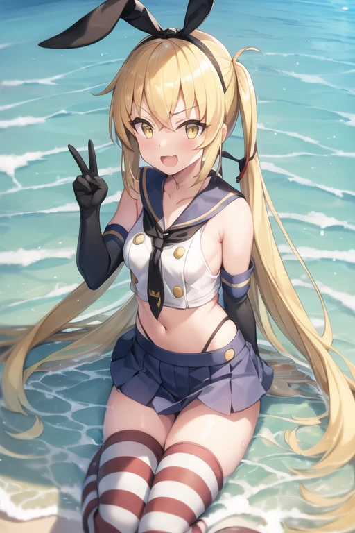 1girl, satsuki, kantaicollection, blonde_hair, long_hair, yellow_eyes, shimacos,crop top,microskirt,thighhighs,elbow gloves, smile, water surface, ocean, v-sign, crescent_pin, open_mouth, necktie, (masterpiece), high resolution, 8k, best quality
