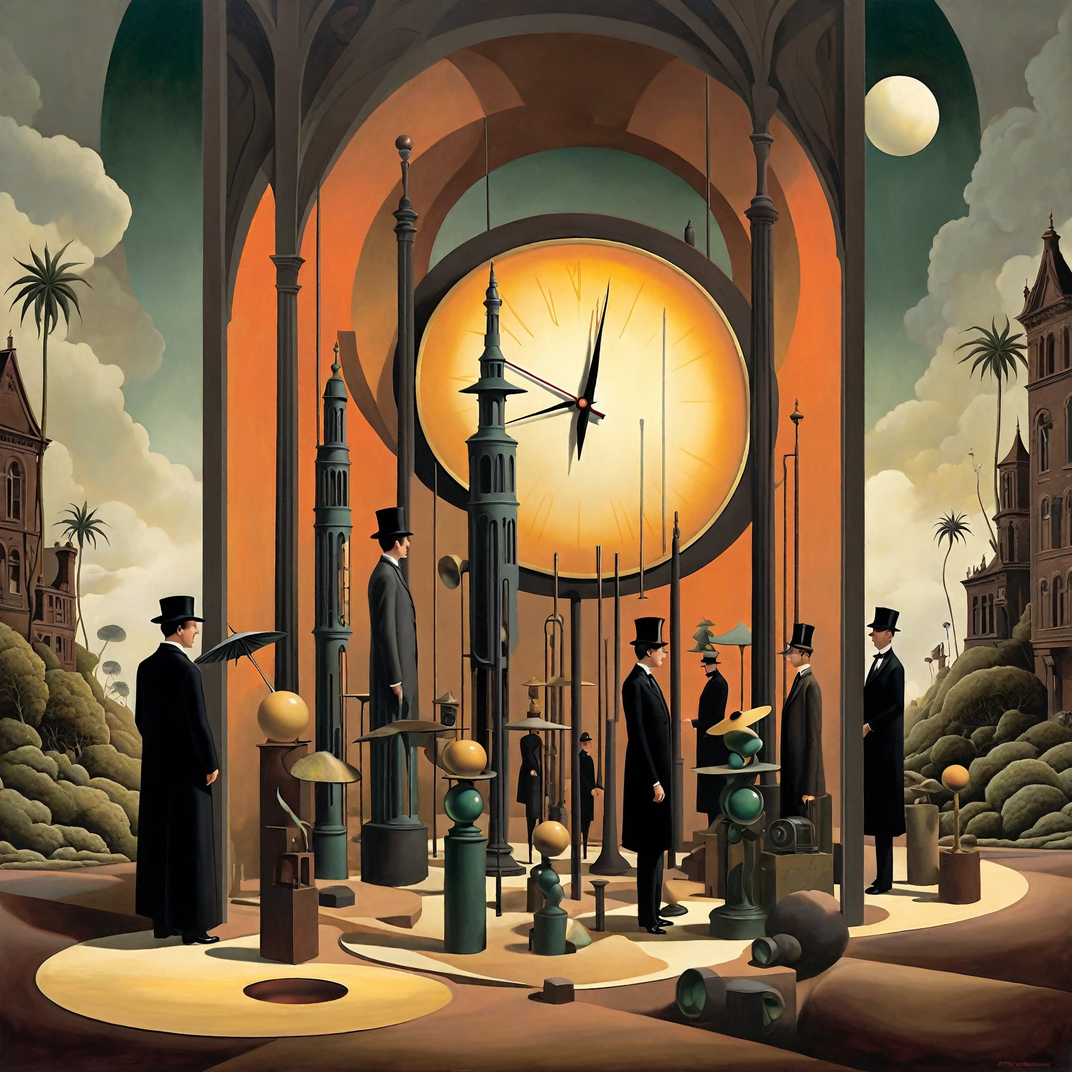 Oil painting in a combination of techniques and styles by Chris Van Allsburg, David Wiesner, Charles Adams, Mark Davis, Jacek Jerka, Vladimir Kusch, Lotte Reiniger, and Sean Tan. A surreal scene with beings dressed in black suits and cylinders gathered in a dream-like town square around a large, ornate floor clock set in an enclosed, lush cannabis garden. Another entity in a cylinder with an entity in a yellow cloak holding an umbrella approach them. In the center, an entity in a trench coat and hat watches the clock intently. Around it are mirrors reflecting strange and unexpected images. The background is a mysterious, twilight landscape with sparse vegetation and abstract vegetation, stunning digital art in the style of aesthetic surrealism with gothic elements. Dramatic lighting and textures of antique surfaces adding depth and mystery. The palette used includes golden ochre, malachite, natural sienna, azurite, vermilion, burnt umber and sepia to create a sense of vintage and magic.