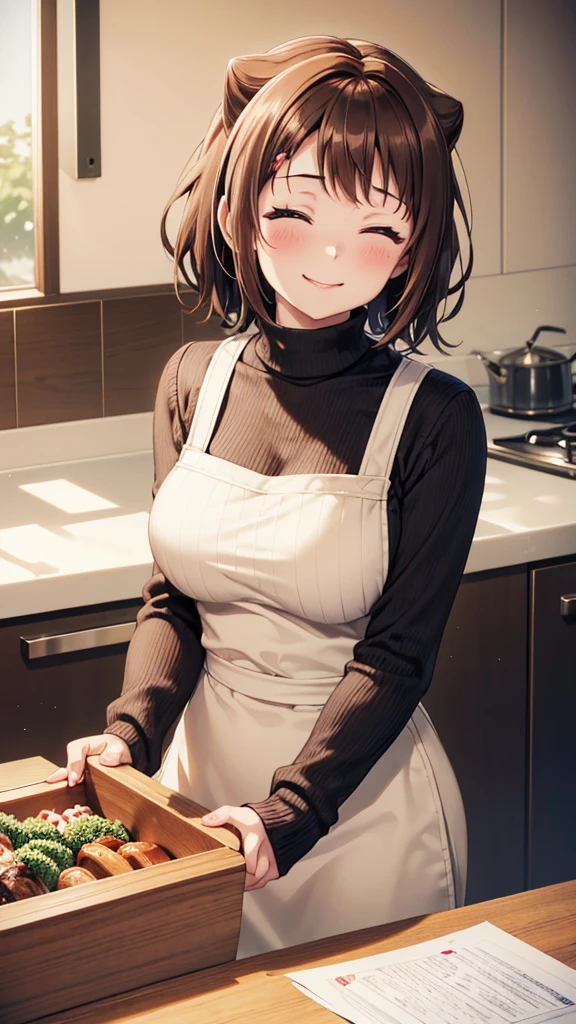 Kasumi Toyama, Married Woman, 3, Short Hair, wedding ring, (absurderes, 8k, 4K, masutepiece, hyper extreme detailed:1.2), Best Quality, Perfect Anatomy,Perfect face, Big Breasts, apron, (Turtleneck sweater:1.2), Dishes are lined up, kitchen, White Lily, Smiling gently, relief, peace, maternal