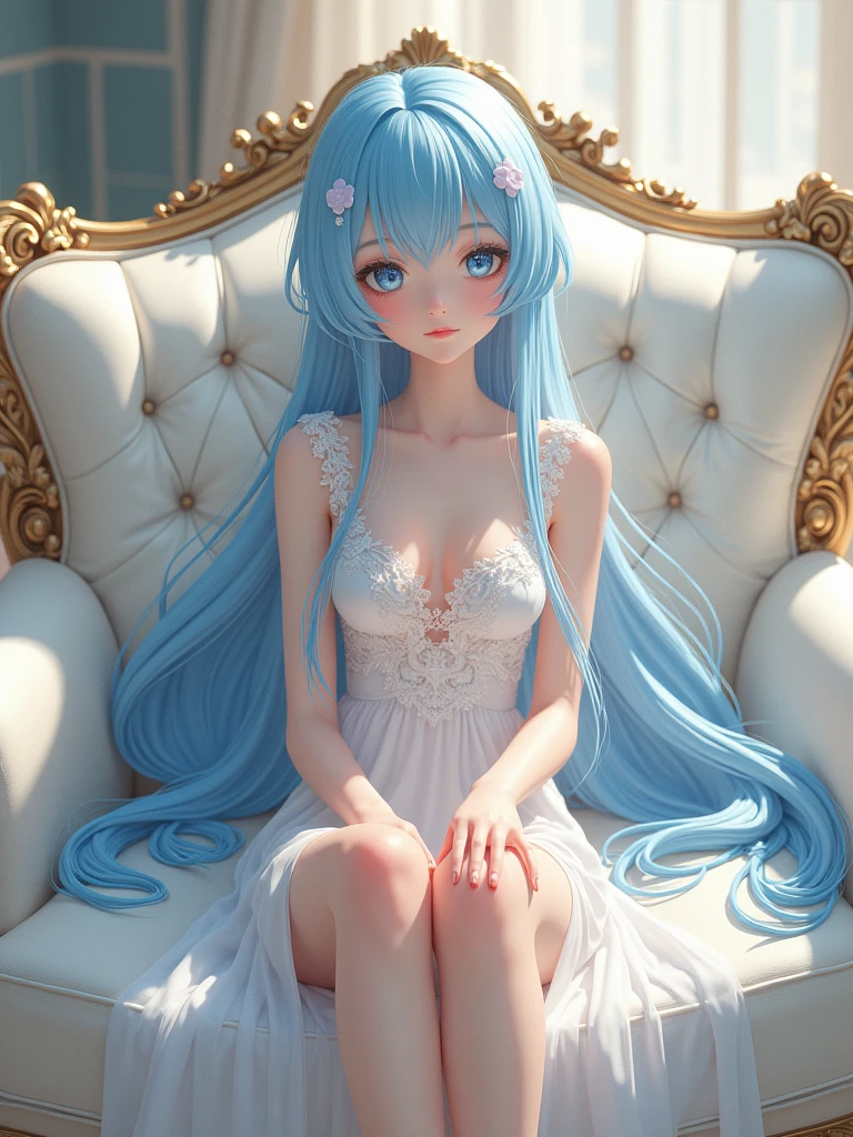 prepubescent, beautifully, full body,, masterpiece,best quality, ultra-detailed,very long hair, hime cut, parted bangs, blue hair,beautiful detailed cold face,Slightly troubled expression,cat ears, maid