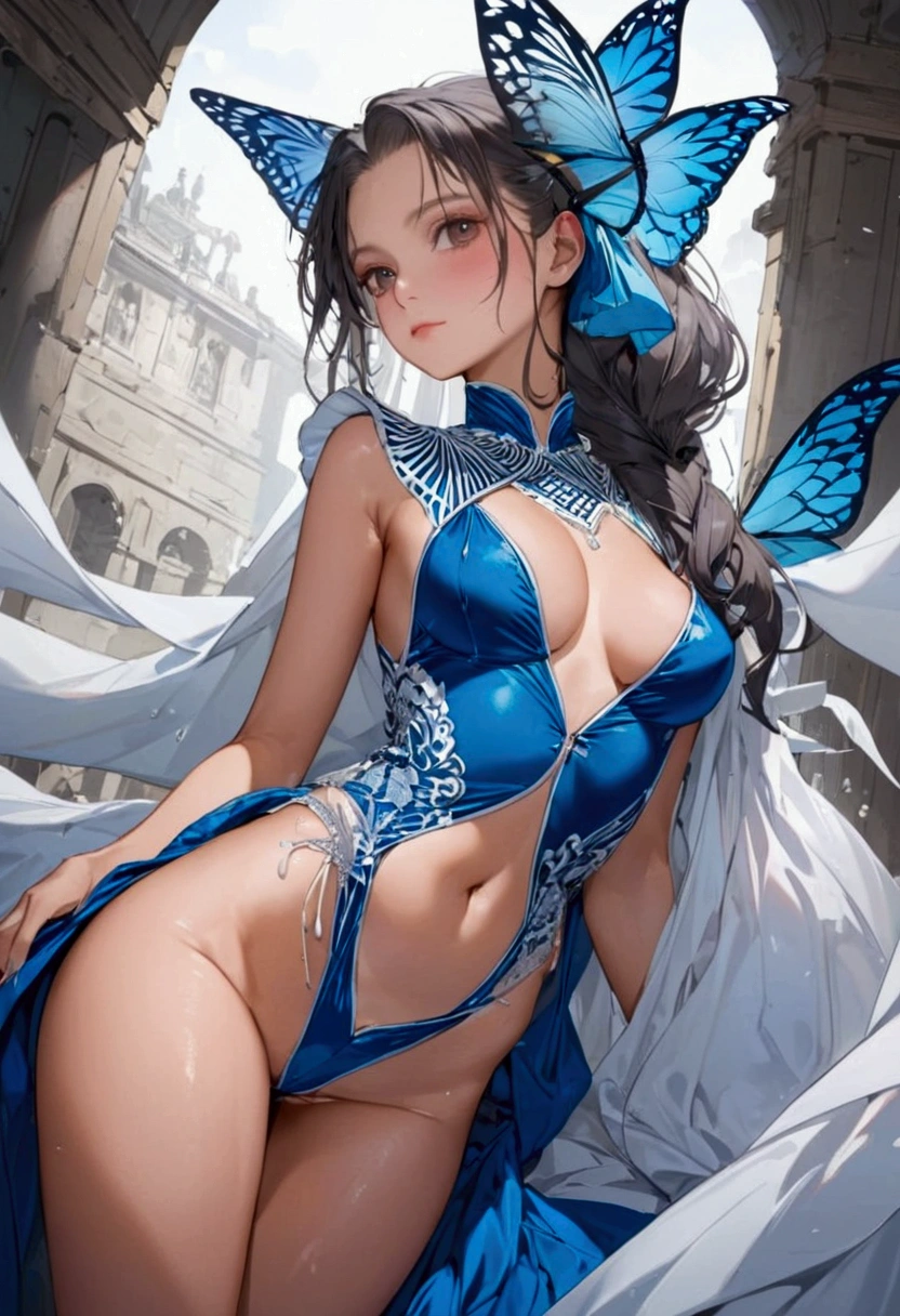 The Dragon Empress (1 woman, long black hair, blue eyes, white skin, medium breasts, makeup, lots of shine, dark eyelashes, dark shadow, perfect nose), Korea, masterpiece, best quality, 8k, sharp focus, chromatic aberration, best shadows, perfect lights, HDR, realistic skin texture, hyper detailed background, photorealistic, RAW photo, bright body, insanely detailed, sexy lewd, ecchi: 1.5, royal tiara, long fingerless gloves, arms up, armpit, royal dungeon, Lingerie Set Lace Belt White, , in a bed, blue sheets, dragon tail, dragon symmetrical wings