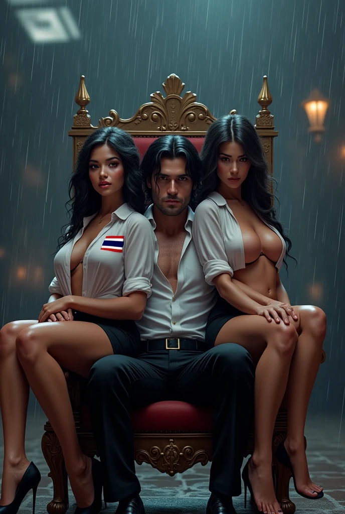 (Best Quality, 2k, Masterpiece, QHD: 1.3, A Handsome short haired african barbarian man is surrounded by three women up against him touching him and gaze at him, at a mansion, wearing Tracksuits that show off body, perfect bodies, women: long flowing hair, seductive, materials, golden hour, , jewelry, golden hour, sensual, photorealistic, masterpiece, in love, small grin, perfect faces, Flirtatious-groping
