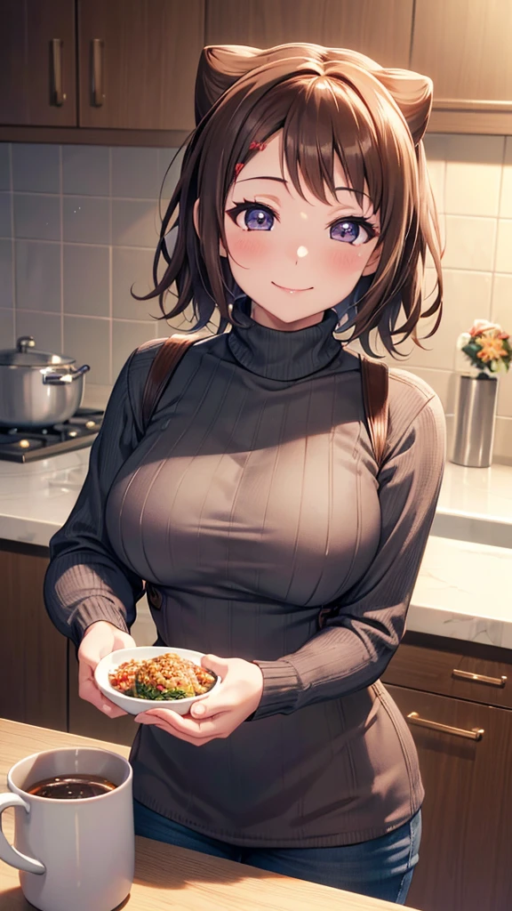 Kasumi Toyama, Married Woman, 3, Short Hair, wedding ring, (absurderes, 8k, 4K, masutepiece, hyper extreme detailed:1.2), Best Quality, Perfect Anatomy,Perfect face, Big Breasts, apron, (Turtleneck sweater:1.2), Dishes are lined up, kitchen, White Lily, Smiling gently, relief, peace, maternal