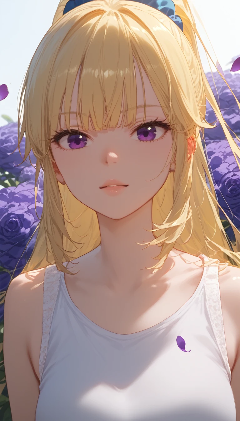 score_9, score_8_up, score_7_up, score_6_up, score_5_up, score_4_up, 1girl, KeiKaruizawa, Kei Karuizawa, bangs, ponytail hair, violet eyes, blonde hair, blue scrunchie, young woman on a hill covered in luminescent purple flowers, wind blowing through her hair, petals floating around, magical twilight setting, intricate details, glowing elements, vibrant and serene, high resolution