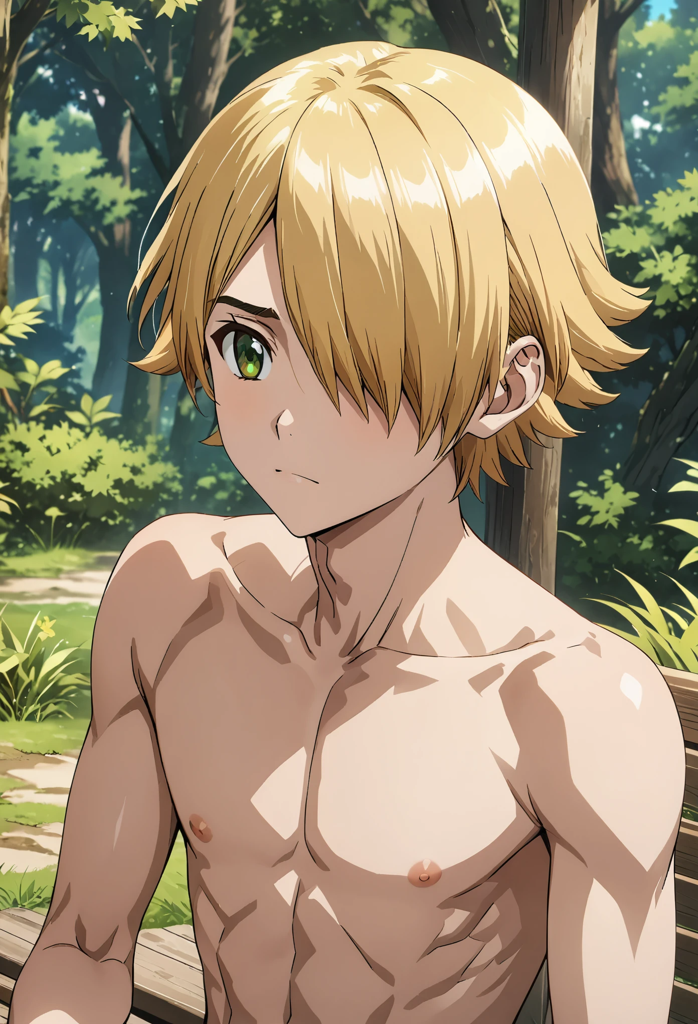 ginrou_dr_stone, blonde hair, green eyes, short hair, hair over one eye, high quality, score_9, score_8_up, score_7_up, amazing quality, best aesthetic, intricate details, masterpiece, best quality, 1male, solo, male_focus, feeling shy, fully naked, sit down, outdoors in a forest, sunny day, full body, male genitals, small-size soft penis, handsome, detailed face, eyes and hands without errors, anime style, high detail, unity 8k wallpaper, high resolution, detailed high quality background, pene pequeño, detalle nítido, extremadamente detallado, Intrincado, Alta resolución, legs visible, testicles, flaccid dick, relaxed penis, small penis, penis visible, skinny fit, very young, small penis, flaccid penis, pene flácido, penis visible, short penis