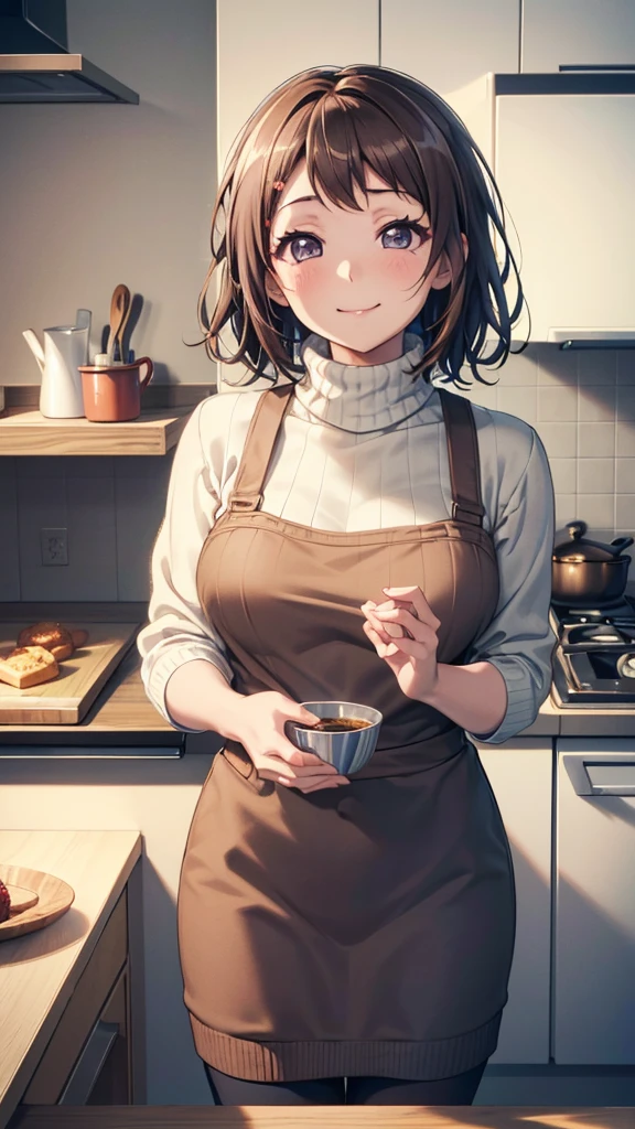 Kasumi Toyama, Married Woman, 3, Short Hair, wedding ring, (absurderes, 8k, 4K, masutepiece, hyper extreme detailed:1.2), Best Quality, Perfect Anatomy,Perfect face, Big Breasts, apron, (Turtleneck sweater:1.2), Dishes are lined up, kitchen, White Lily, Smiling gently, relief, peace, maternal