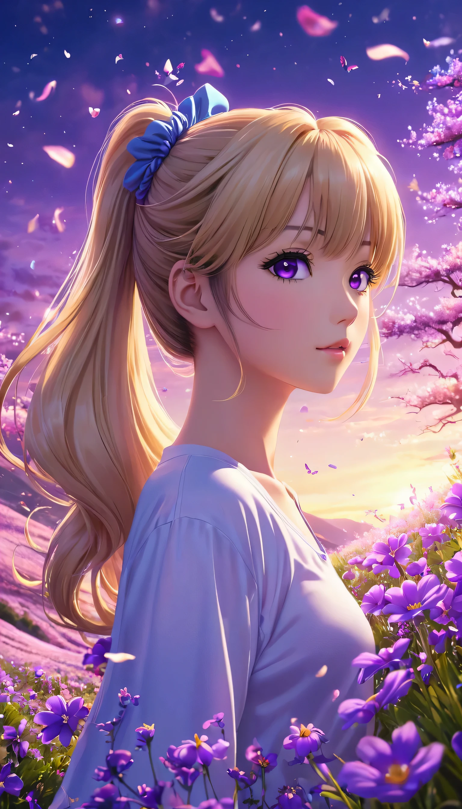 score_9, score_8_up, score_7_up, score_6_up, score_5_up, score_4_up, 1girl, KeiKaruizawa, Kei Karuizawa, bangs, ponytail hair, violet eyes, blonde hair, blue scrunchie, 3D anime art, young woman on a hill covered in luminescent purple flowers, wind blowing through her hair, petals floating around, magical twilight setting, intricate details, glowing elements, vibrant and serene, high resolution