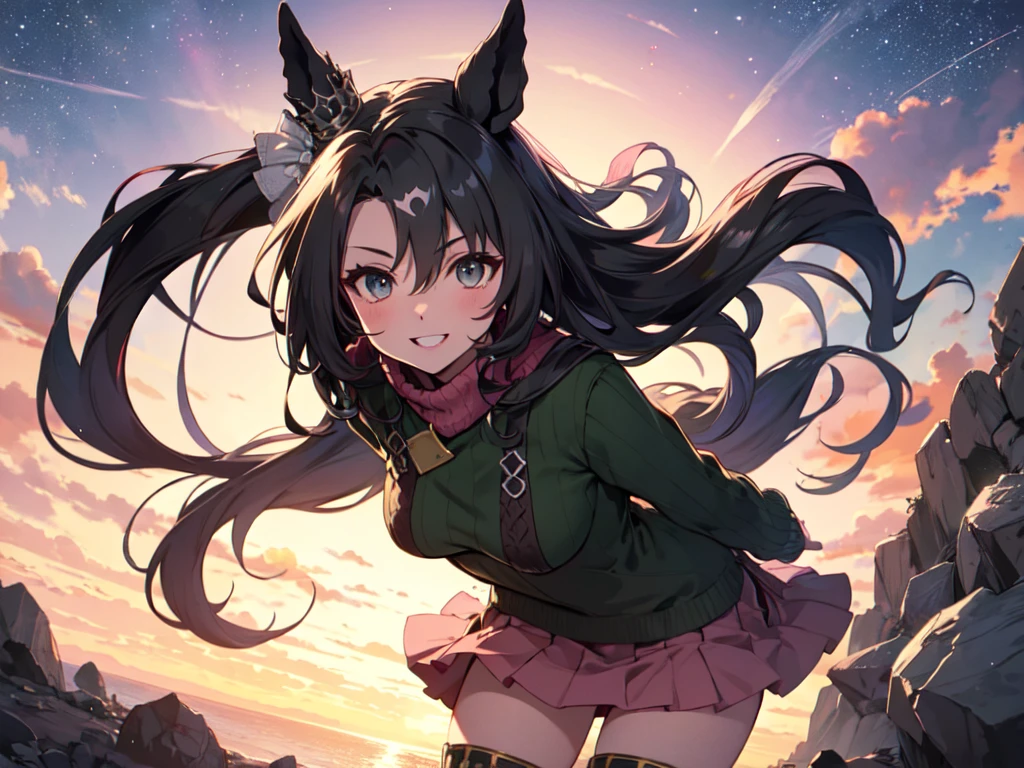 独奏, alone, (horse eared woman), (horse eared), (Horse ear girl), leaning forward, nice breasts, wearing pink glasses, pink lipstick, cheeks, pink sweater, pink knee high socks, pink skirt, starry sky, levitation, breeze, center chest, open lips, smiling, cut in, uhd, retina, masterpiece, accurate, anatomically correct, textured skin, ultra detailed, high detail, award winning, best quality, high resolution, 8k
