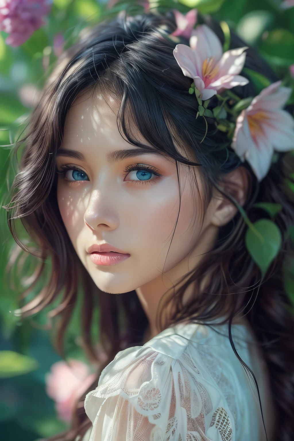 (best quality,4k,8k,highres,masterpiece:1.2),ultra-detailed,(realistic,photorealistic,photo-realistic:1.37),beautiful detailed eyes,beautiful detailed lips,extremely detailed blue eyes and face,longeyelashes,flowing hair,garden scenery,colorful flowers,butterflies flying,soft lighting,rich colors,medium: oil, high nose,  