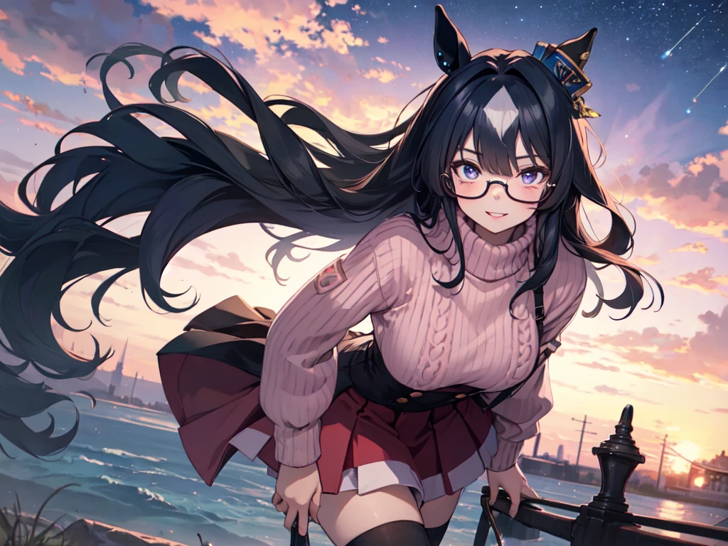 Solo, alone, (woman with horse ears), (horse ears), (girl with horse ears), leaning forward, nice breasts, (wearing pink glasses), pink lipstick, cheeks, pink sweater, pink knee-high socks, pink skirt, starry sky, levitation, breeze, center of chest, open lips, smiling, cut-in, UHD, retina, masterpiece, accurate, anatomically correct, textured skin, ultra detailed, high detailed, award winning, best quality, high resolution, 8k