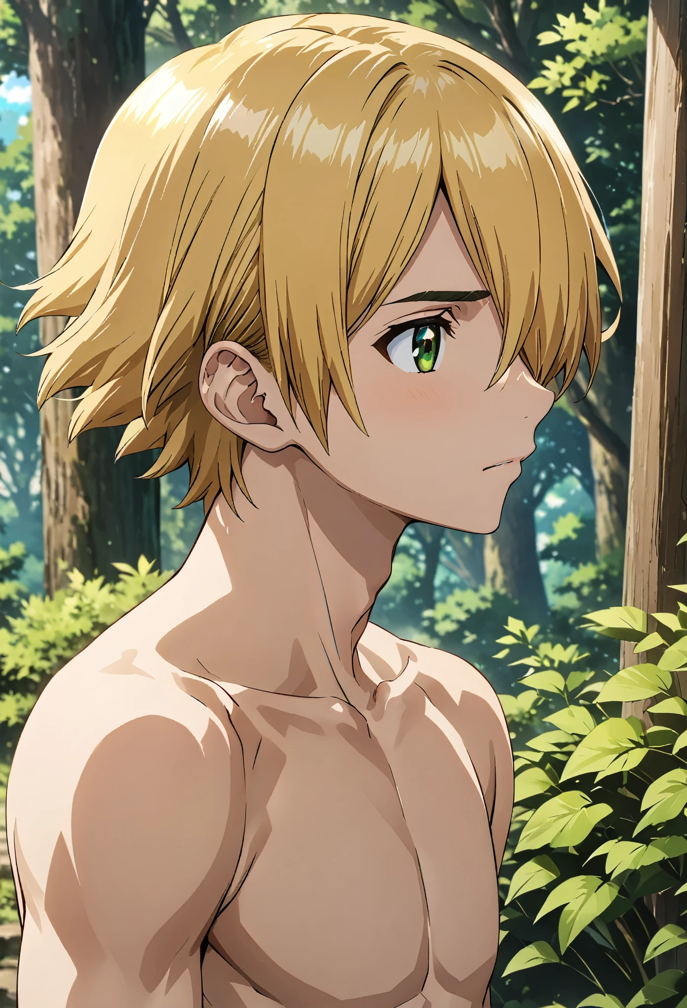 ginrou_dr_stone, blonde hair, green eyes, short hair, hair over one eye, high quality, score_9, score_8_up, score_7_up, amazing quality, best aesthetic, intricate details, masterpiece, best quality, 1male, solo, male_focus, feeling shy, fully naked, profile view, outdoors in a forest, sunny day, full body, male genitals, small-size soft penis, handsome, detailed face, eyes and hands without errors, anime style, high detail, unity 8k wallpaper, high resolution, detailed high quality background, pene pequeño, detalle nítido, extremadamente detallado, Intrincado, Alta resolución, standing, legs visible, testicles, flaccid dick, relaxed penis, small penis, penis visible, skinny fit, very young, small penis, flaccid penis, pene flácido, penis visible, short penis