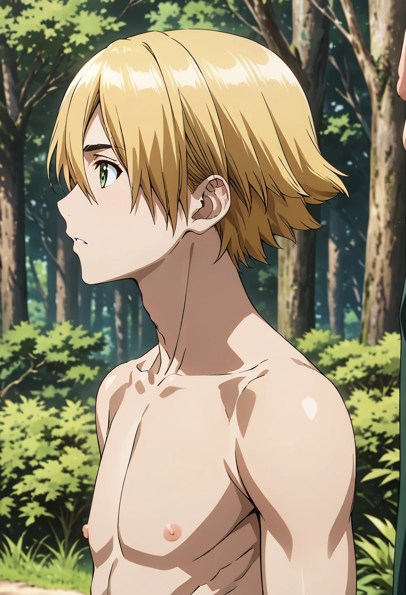 ginrou_dr_stone, blonde hair, green eyes, short hair, hair over one eye, high quality, score_9, score_8_up, score_7_up, amazing quality, best aesthetic, intricate details, masterpiece, best quality, 1male, solo, male_focus, feeling shy, fully naked, profile view, outdoors in a forest, sunny day, full body, male genitals, small-size soft penis, handsome, detailed face, eyes and hands without errors, anime style, high detail, unity 8k wallpaper, high resolution, detailed high quality background, pene pequeño, detalle nítido, extremadamente detallado, Intrincado, Alta resolución, standing, legs visible, testicles, flaccid dick, relaxed penis, small penis, penis visible, skinny fit, very young, small penis, flaccid penis, pene flácido, penis visible, short penis