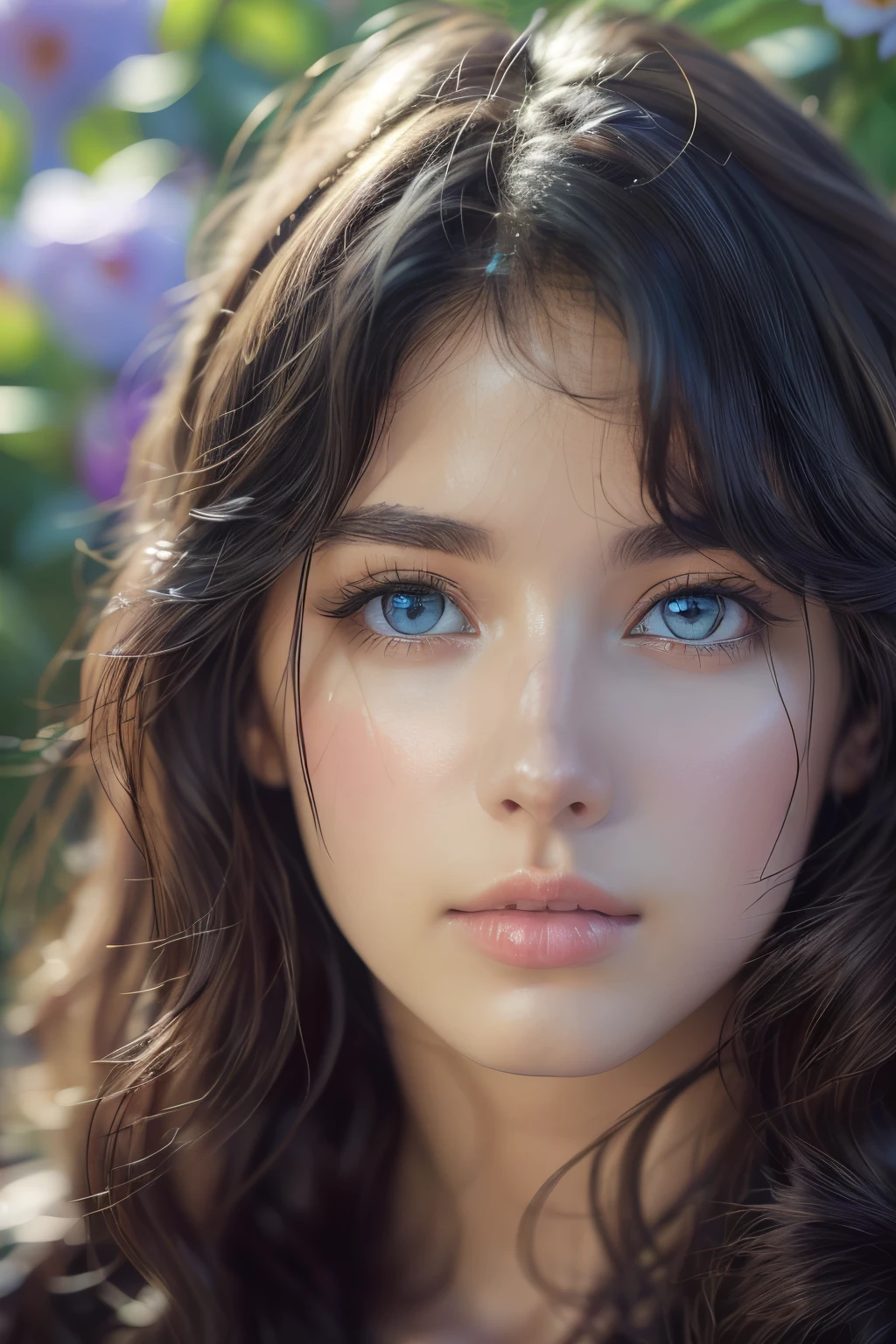 (best quality,4k,8k,highres,masterpiece:1.2),ultra-detailed,(realistic,photorealistic,photo-realistic:1.37),beautiful detailed eyes,beautiful detailed lips,extremely detailed blue eyes and face,longeyelashes,flowing hair,garden scenery,colorful flowers,butterflies flying,soft lighting,rich colors,medium: oil, high nose,  