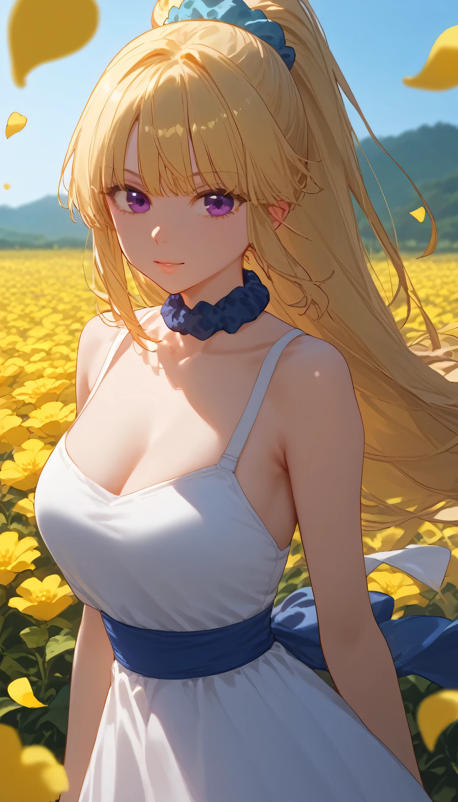 score_9, score_8_up, score_7_up, score_6_up, score_5_up, score_4_up, 1girl, KeiKaruizawa, Kei Karuizawa, bangs, ponytail hair, violet eyes, blonde hair, blue scrunchie, young woman on a hill covered in luminescent yellow flowers, wind blowing through her hair, petals floating around, magical twilight setting, intricate details, glowing elements, vibrant and serene, high resolution, long shot, white dress