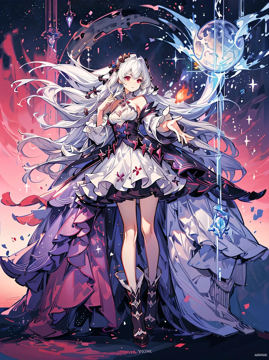 Girl, white hair, white and purple dress, red eye, ((magic)), Fire magic, Fireball in her hand, Ankle-length skirt, warm tone, ((splash art game illustration)), temple, stone foundation, purple stone, Magical, fantasy, light, wear black boots, game character design, illust, splash art, official art, 