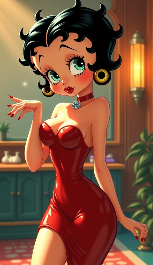 (best quality, 4k, masterpiece, ultra-detailed),vintage colors,woman, 32 years-old,vintage pin-up,straight hair,bangs,beautiful detailed face, big eyelashes,ponytail,little smile,((((slit color dress printed with color flowers)))),garter belts,photographic studio scenario