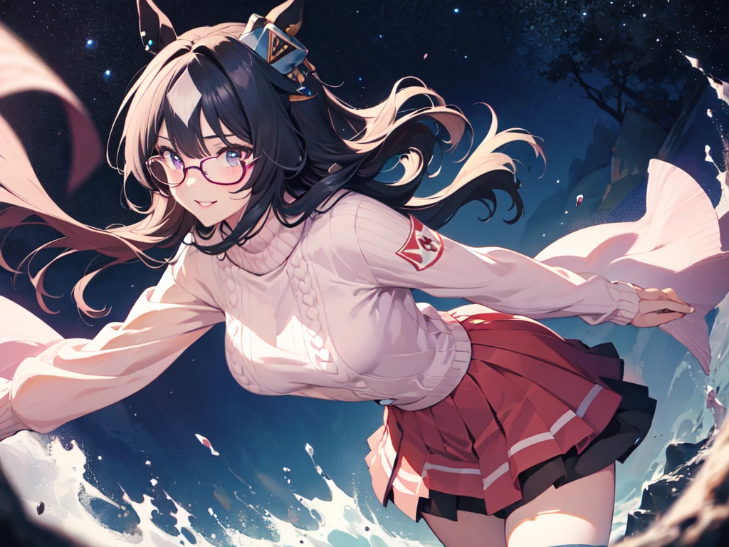 Solo, alone, (woman with horse ears), (horse ears), (girl with horse ears), leaning forward, nice breasts, (wearing pink glasses), pink lipstick, cheeks, pink sweater, pink knee-high socks, pink skirt, starry sky, levitation, breeze, center of chest, open lips, smiling, cut-in, UHD, retina, masterpiece, accurate, anatomically correct, textured skin, ultra detailed, high detailed, award winning, best quality, high resolution, 8k