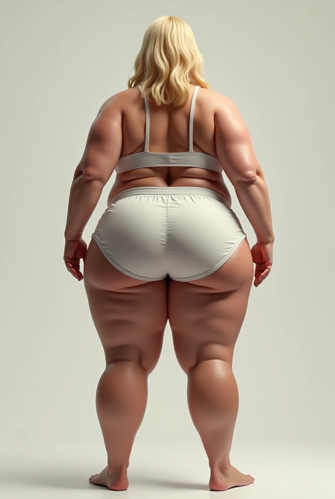 Plus-sized Caucasian woman, in big white panties, and white bra, back shot, big butt, crop shot, walking around home, photo realistic, intricate details