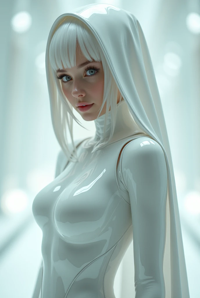 Full body a cyber girls with ponytail wear white knee high high heel platform boots. Ariana grande. stiletto heels. Bright white color to show she's a cyber girl. white eyebrows. clothing like full body catsuit. She also has blue eyes. The environment is a teenage girls bedroom like. Hair is white. She is lit with the bright blue color on one side of her face. Led like. Taziota style. And both hands have the led light too.