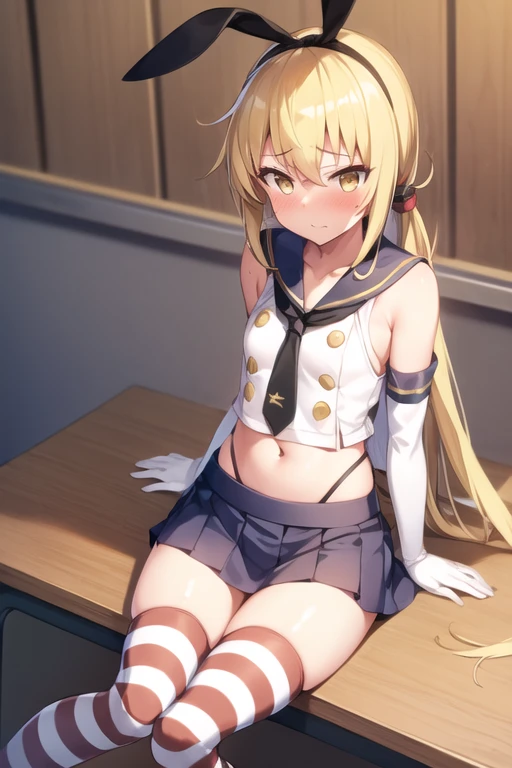 1girl, satsuki, kantaicollection, blonde_hair, long_hair, yellow_eyes, shimacos,crop top,microskirt,thighhighs,elbow gloves, flat chest, embarrassed, blushed, (sitting on desk:1.2) , crescent_pin, necktie, (masterpiece), high resolution, 8k, best quality
