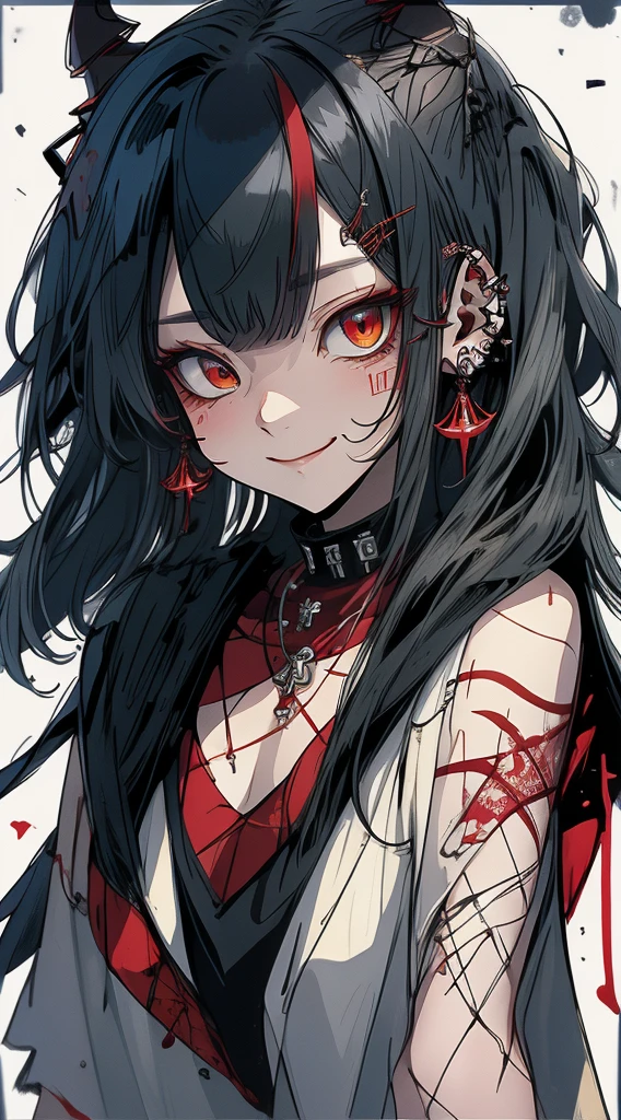 (masterpiece), (best quality), masterpiece, best quality, upper body, horns, looking at viewer, expressionless, white background, long hair, (red theme), ((sketch, jagged line)), silver hair, red eyes, (illustration), nakiri ayame, black raincoat, grin, gold jewelry, petals,b、