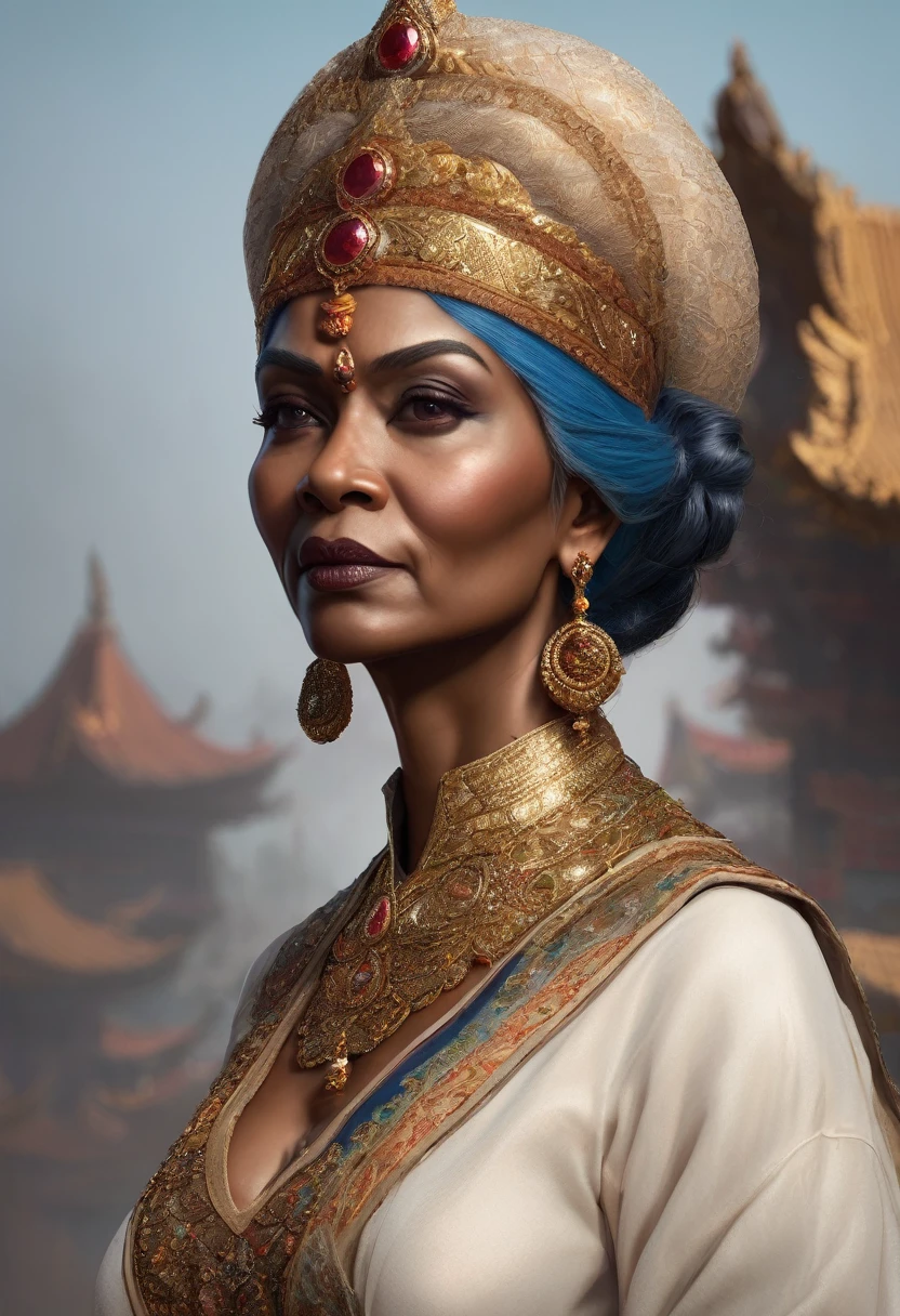 ADVISOR 2: A woman in her 40s, with a headscarf and gold earrings, holding a clay tablet, nodding in agreement.