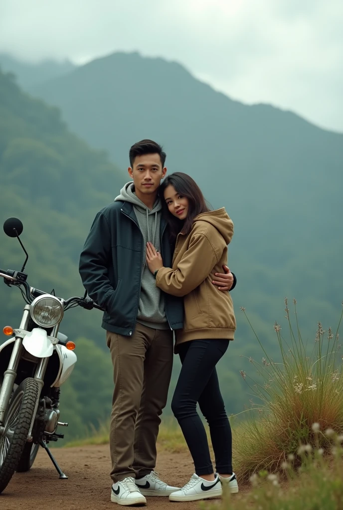 Indonesian romantic couple; man with short black hair; woman with long straight black hair, watch, wearing romeo and juliet outfit riding a white horse on Mount Bromo Mountain Indonesia, stunning surrealist view of the Mountain, lens flare, wind breeze, stunning depictation blue sky, smiling, beautiful romantic pose, hugging tight, look like a romeo and juliet, facing the camera, Fullshot, long distance lens, Taken using Sony Alpha α7CR, photorealistic, 1536px, high quality.
