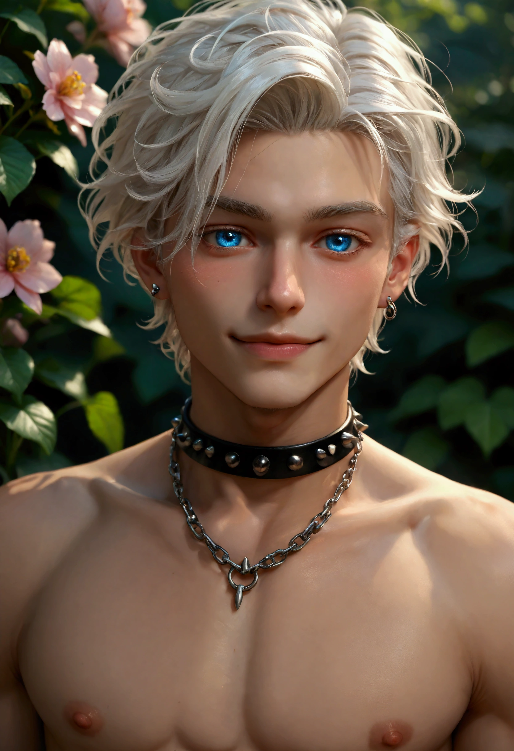 beautiful and skelt young man blue eye blond white hair half body shot flowers in the background, twink, piercing, neck chain, sharp blue eye, naked body, niple piercing, erected niples, half body, happy face, six pack pubic hair, pubic hair,