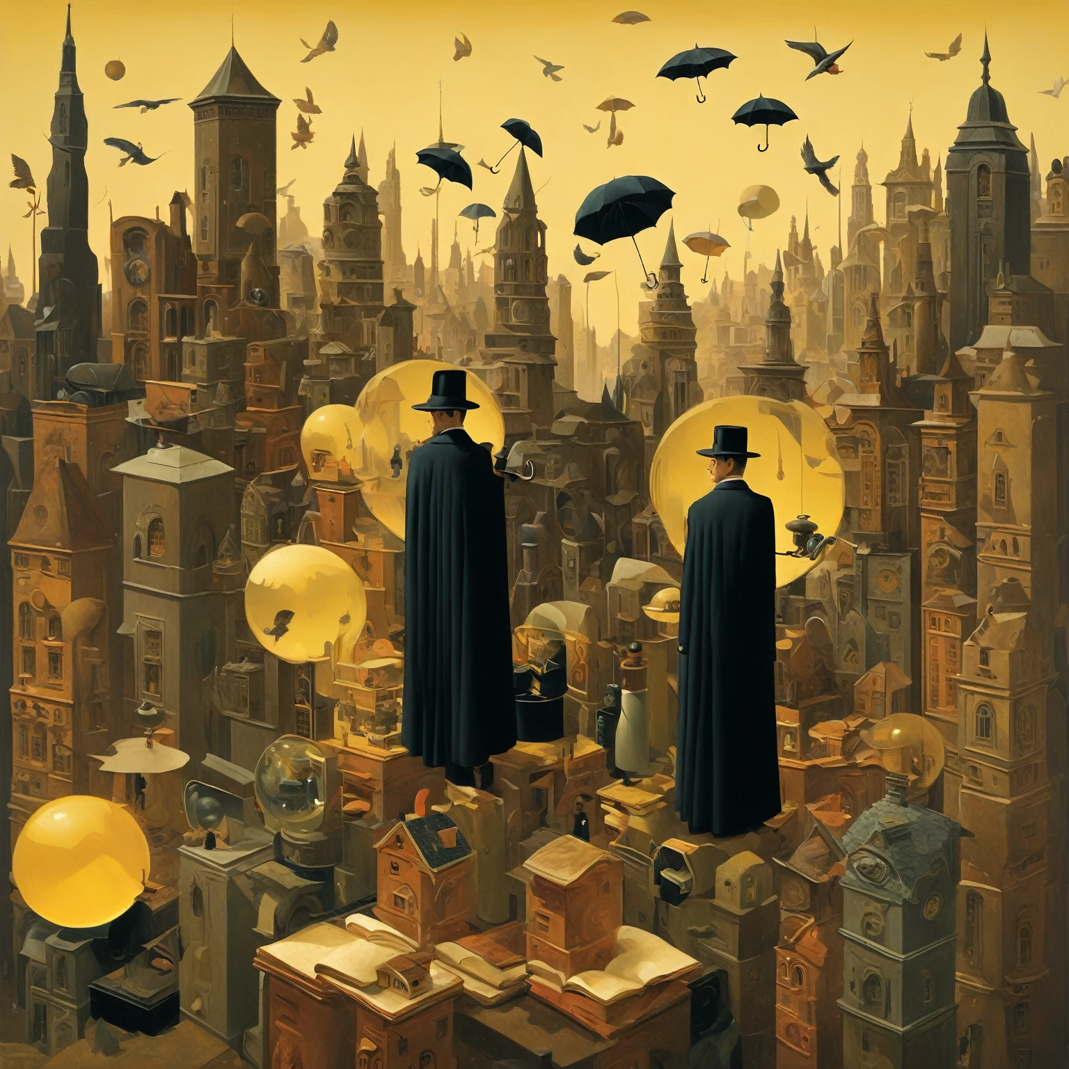 Oil painting in a combination of techniques and styles by Chris Van Allsburg, David Wiesner, Charles Adams, Mark Davis, Jacek Jerka, Vladimir Kusch, Lotte Reiniger, and Sean Tan. A surreal scene with creatures dressed in black suits and cylinders gathered in a square, around a large man with a cuckoo clock instead of a head, dressed in a costume of books. Around him are mirrors reflecting strange and unexpected images. An entity in a cylinder, with an entity in a yellow cloak holding an umbrella, approach them. A guardian - a caretaker with an eye-shaped head, wearing a trench coat and hat is watching intently. The background is a mysterious, twilight landscape of a dream-like city, with sparse and abstract cannabis-like vegetation, stunning digital art in the style of aesthetic surrealism with gothic elements. Dramatic lighting and textures of antique surfaces adding depth and mystery. The palette used includes golden ochre, malachite, natural sienna, azurite, vermilion, burnt umber and sepia to create a sense of vintage and magic.