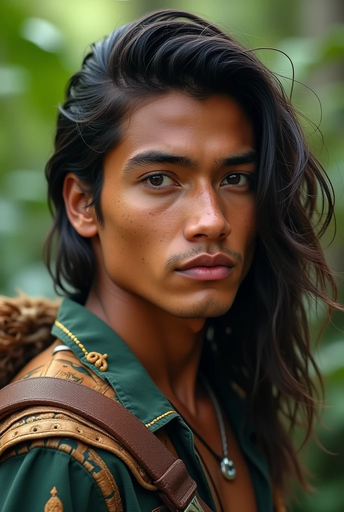 Side view of a Thai man with long hair, messy beard, Narrow eyes, watercolor