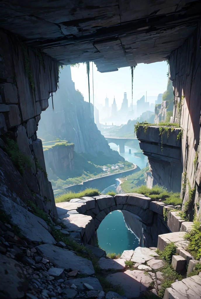 A landscape of a city deep in a crevice with a sober and dark appearance