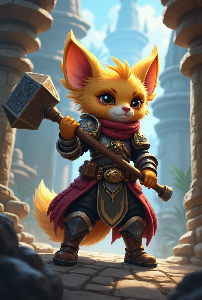 fox, solo, young, cub, (chibi), red hair, long hair, ((white/orange fur)), (orange eyes), ((barbarian armor)), ((barbarian helmet)), (canine sheath), balls, dark dungeon setting, ((holding axe)), Very good figure, best quality, highres, 16k, Natural soft light, Tyndall effect, Advanced film lighting, Unreal Engine5, Extremely realistic, A high resolution, perfect masterpiece, high quality, high resolution