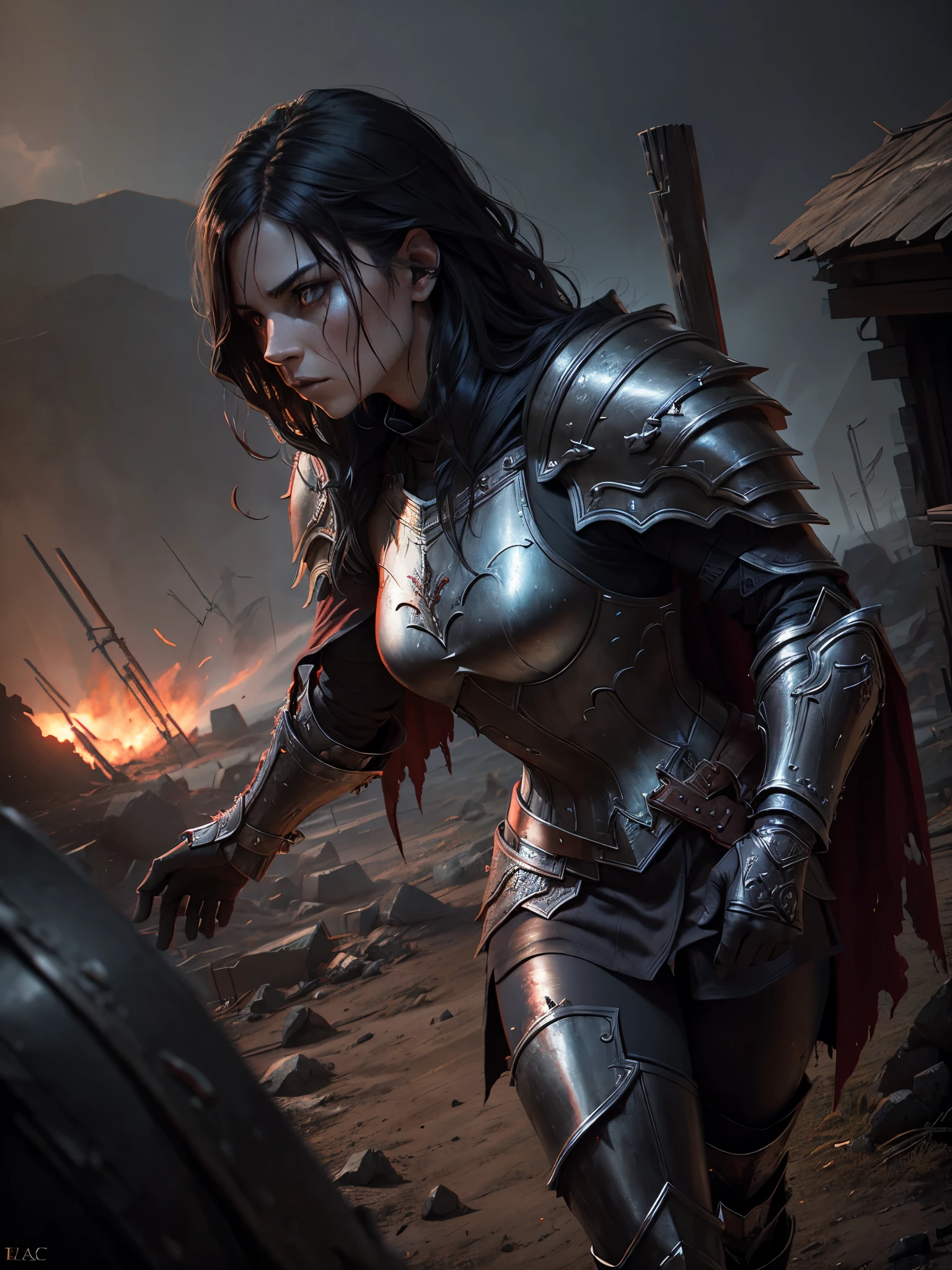 a female dragonborn warrior on a bloody battlefield, wearing black armor stained with blood, her gaze resolute and determined, detailed digital art, highly detailed, masterpiece, cinematic lighting, dramatic composition, epic fantasy, dark and gritty atmosphere, warm color palette, chiaroscuro lighting, dramatic lighting, ultra detailed, 8k, best quality, hyper realistic, photorealistic, intricate details, cinematic composition, dramatic pose, intense expression, leather armor, metal armor, bloodstained armor, flowing cape, dramatic shadows, volumetric lighting, depth of field, cinematic camera angle, environmental details, war-torn landscape, debris, ruined buildings, smoky atmosphere