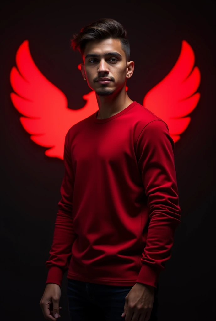 muscular man with red hair, wearing a black hood with red undershirt, gang pants, big red angel wings on his back with a sexy look on his face