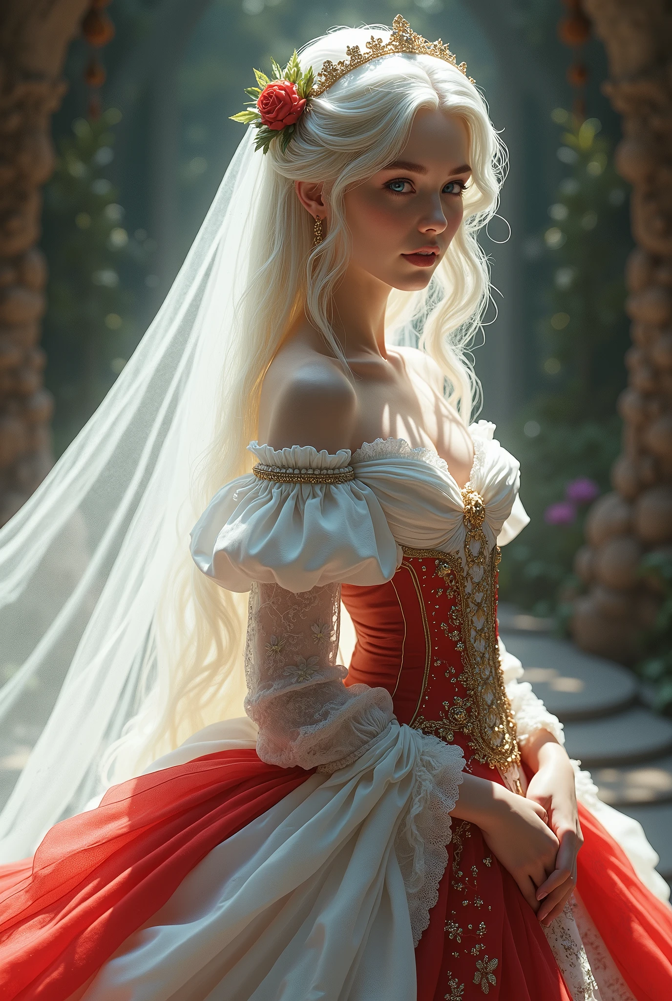 ChristineAlexis, woman,
"Medieval Knight's Fair Lady": In a medieval castle, our vixen assumes the role of a fair lady, captivating knights and nobles alike. Her dress, a masterpiece of medieval couture, combines flowing fabrics with intricate embroidery and bejeweled accents. With her playful charm, she becomes the object of admiration and chivalrous devotion, turning the feudal world into a realm of whimsical romance.